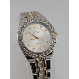 Studio Time Watch Women 34mm Case Two Tone 6.5" Band Crystals- New Battery